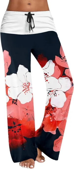 Causal Pants for Women High Waist Trousers with Pockets Flowy Smooth Drawstring Pants Dressy Blooming Flowers Print