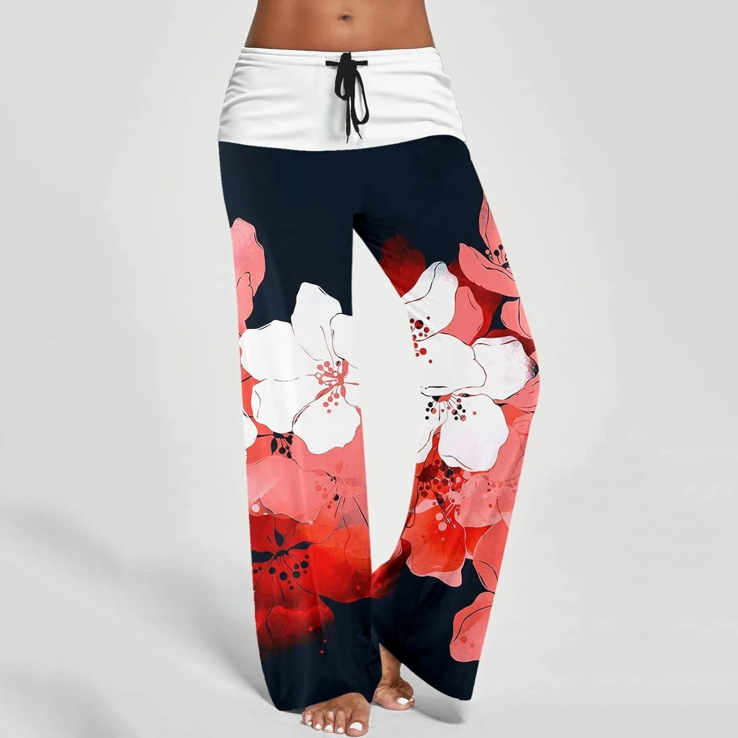 Causal Pants for Women High Waist Trousers with Pockets Flowy Smooth Drawstring Pants Dressy Blooming Flowers Print