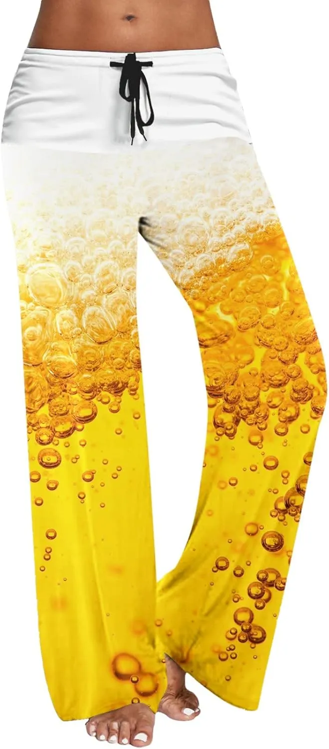 Causal Pants for Women High Waist Trousers with Pockets Flowy Smooth Drawstring Pants Dressy Blooming Flowers Print
