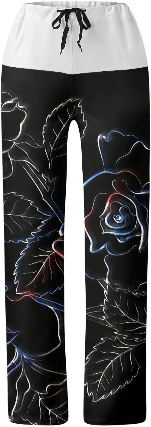 Causal Pants for Women High Waist Trousers with Pockets Flowy Smooth Drawstring Pants Dressy Blooming Flowers Print