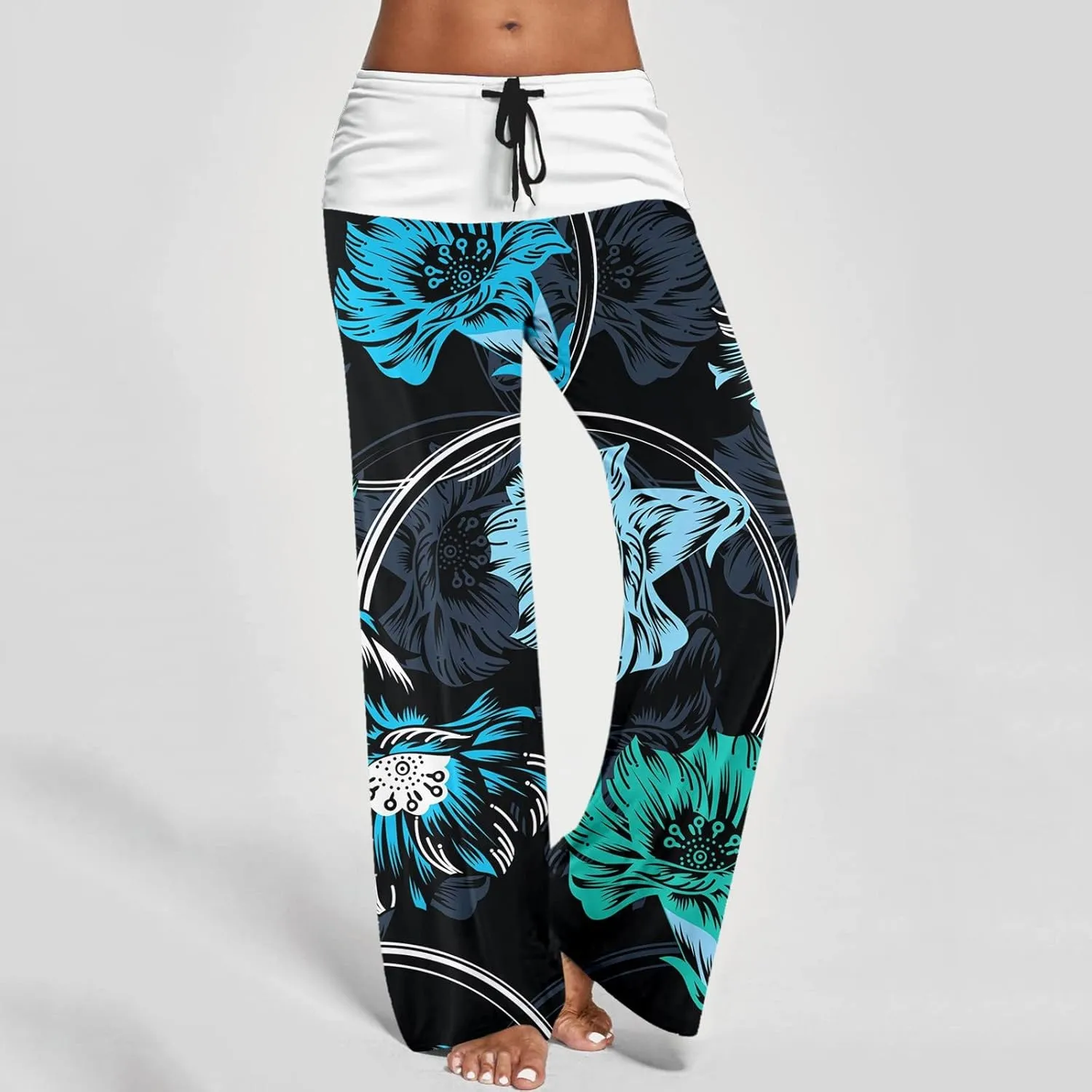 Causal Pants for Women High Waist Trousers with Pockets Flowy Smooth Drawstring Pants Dressy Blooming Flowers Print