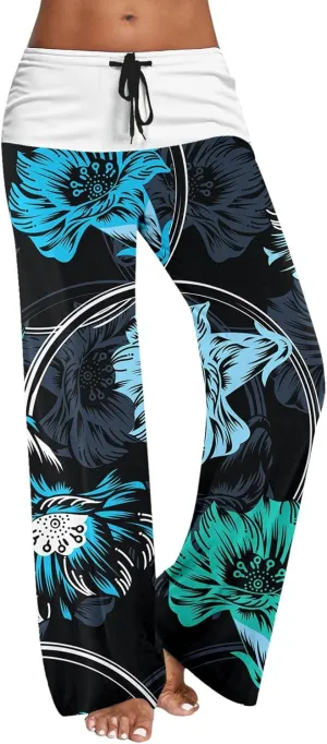 Causal Pants for Women High Waist Trousers with Pockets Flowy Smooth Drawstring Pants Dressy Blooming Flowers Print