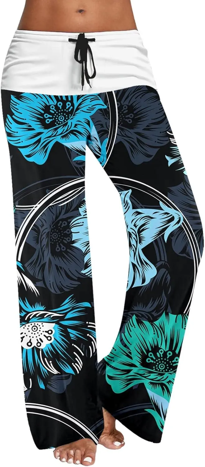 Causal Pants for Women High Waist Trousers with Pockets Flowy Smooth Drawstring Pants Dressy Blooming Flowers Print