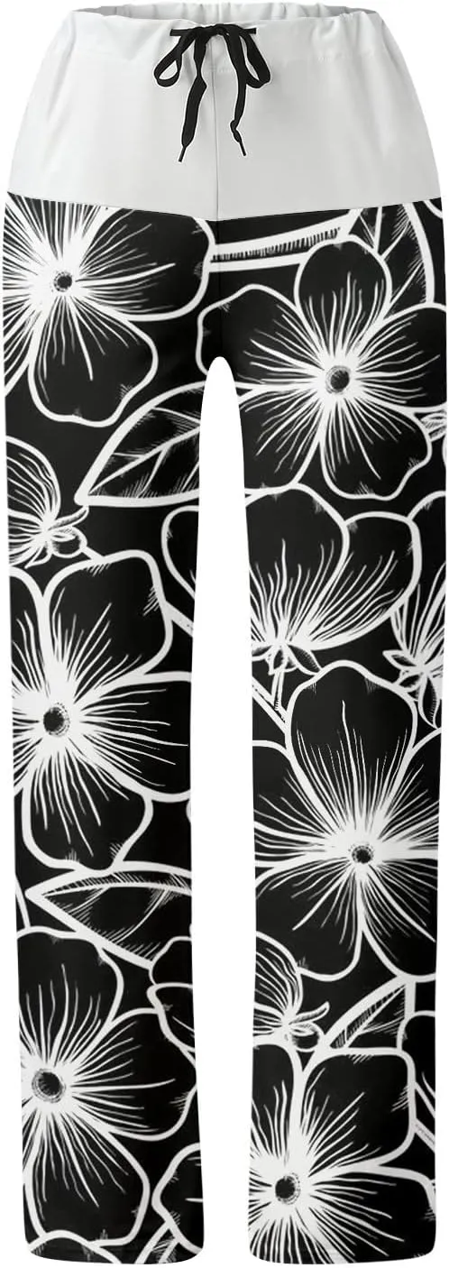 Causal Pants for Women High Waist Trousers with Pockets Flowy Smooth Drawstring Pants Dressy Blooming Flowers Print