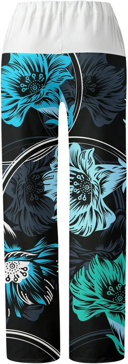 Causal Pants for Women High Waist Trousers with Pockets Flowy Smooth Drawstring Pants Dressy Blooming Flowers Print