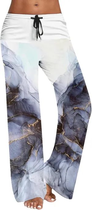 Causal Pants for Women High Waist Trousers with Pockets Flowy Smooth Drawstring Pants Dressy Blooming Flowers Print