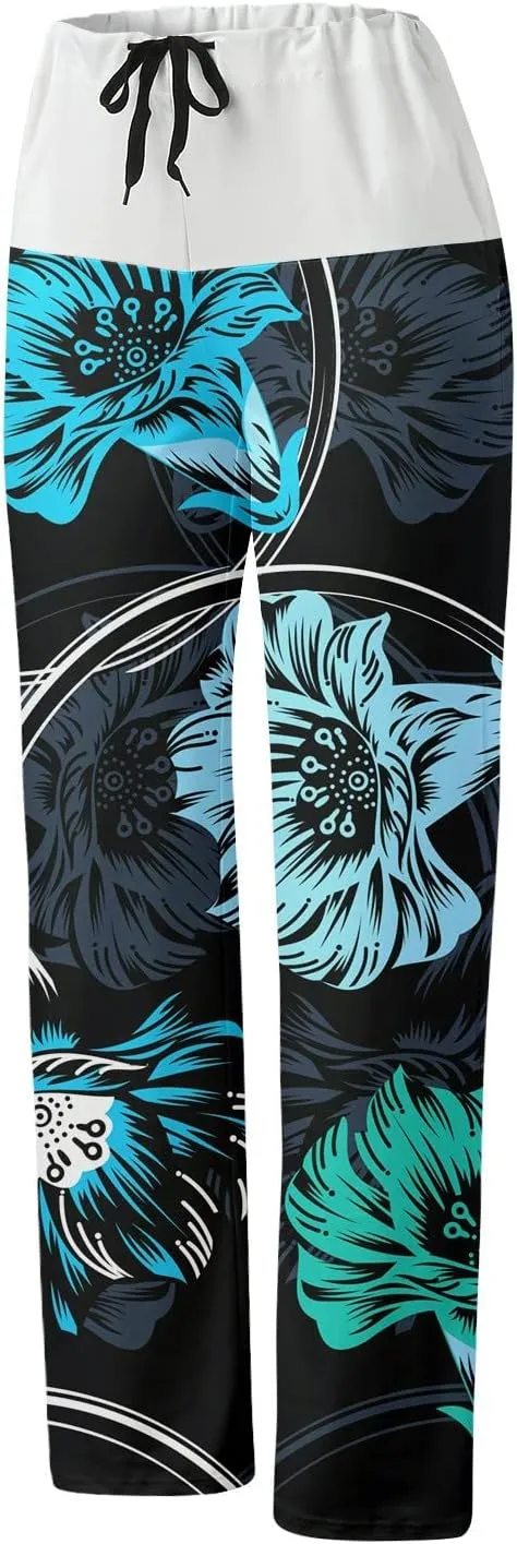 Causal Pants for Women High Waist Trousers with Pockets Flowy Smooth Drawstring Pants Dressy Blooming Flowers Print