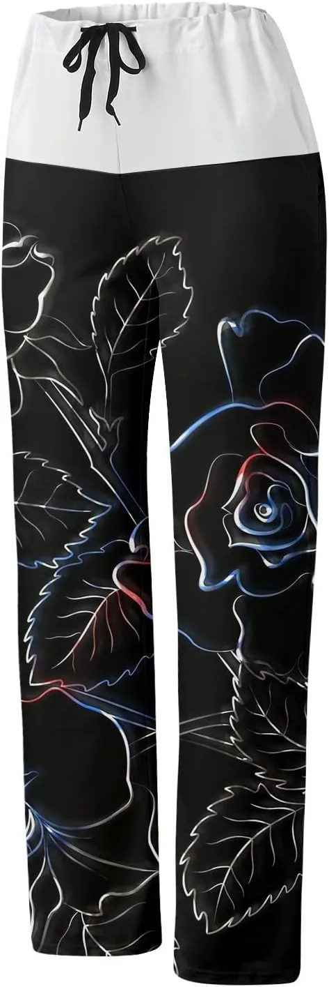 Causal Pants for Women High Waist Trousers with Pockets Flowy Smooth Drawstring Pants Dressy Blooming Flowers Print