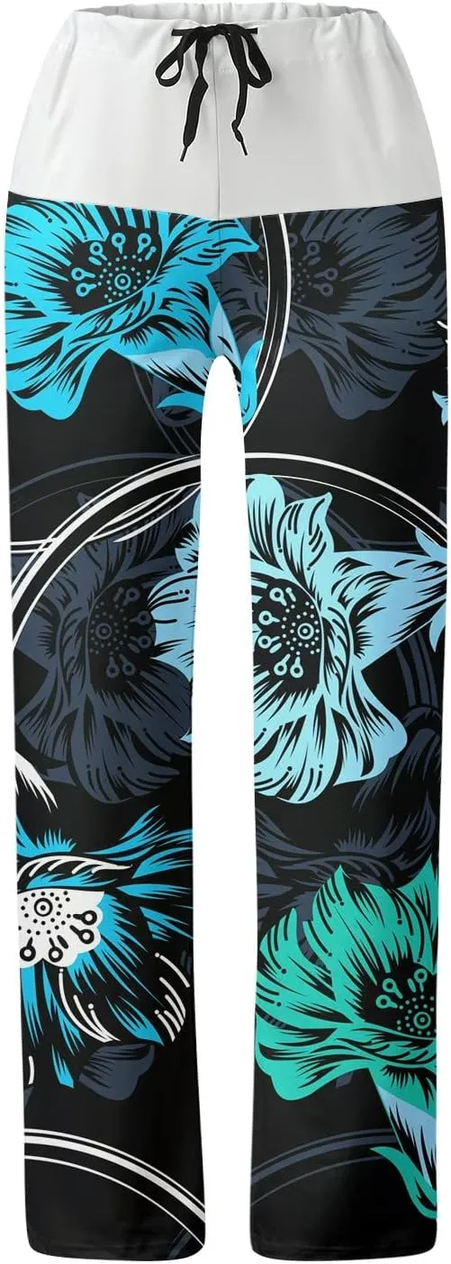 Causal Pants for Women High Waist Trousers with Pockets Flowy Smooth Drawstring Pants Dressy Blooming Flowers Print