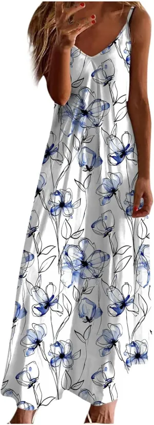 Ceboyel Women Floral Spaghetti Strap Sundress Casual Summer Long Maxi Dress Vneck Sexy Boho Dresses Trendy Beach Clothes 2024