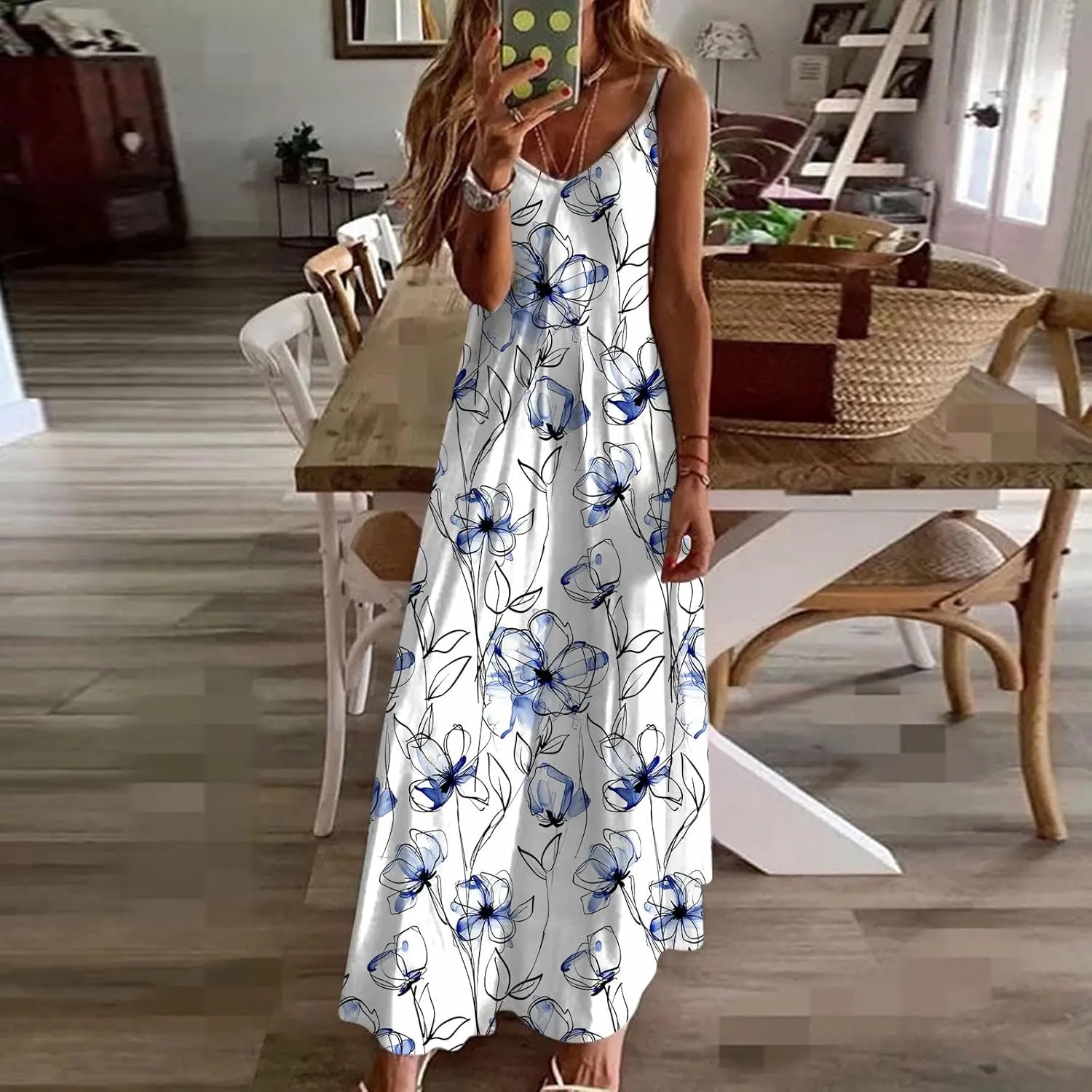Ceboyel Women Floral Spaghetti Strap Sundress Casual Summer Long Maxi Dress Vneck Sexy Boho Dresses Trendy Beach Clothes 2024