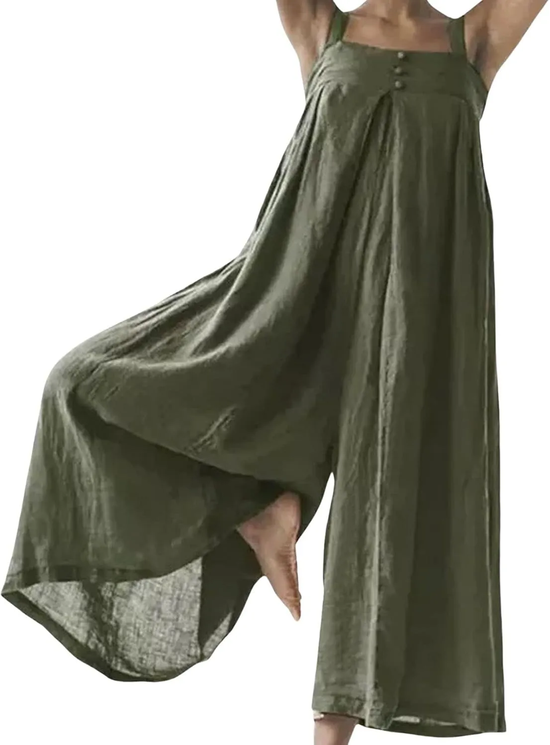 CHARTOU Women Loose Linen Wide Leg Jumpsuit One Piece Spaghetti Strap Palazzo Pants Long Romper Elastic Beach