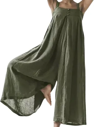 CHARTOU Women Loose Linen Wide Leg Jumpsuit One Piece Spaghetti Strap Palazzo Pants Long Romper Elastic Beach