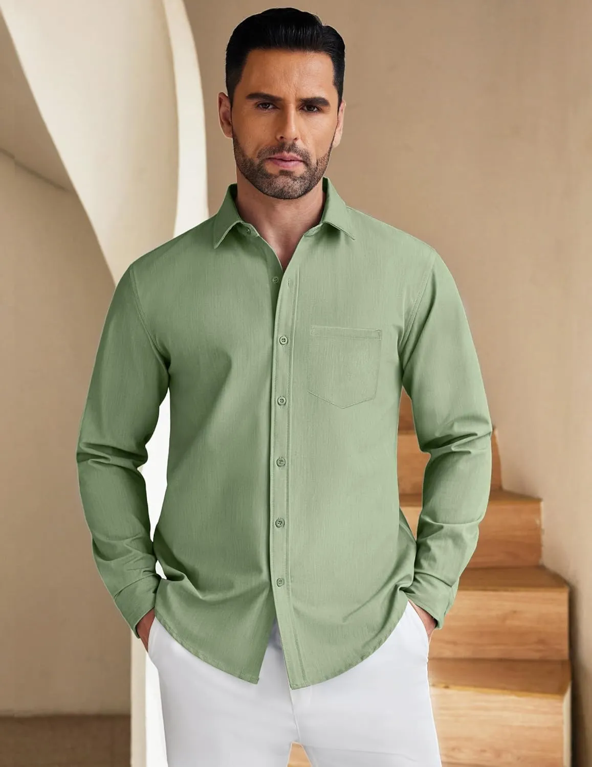 COOFANDY Men's Long Sleeve Button Down Shirt Wrinkle Free Untucked Dress Shirt Casual Denim Shirt