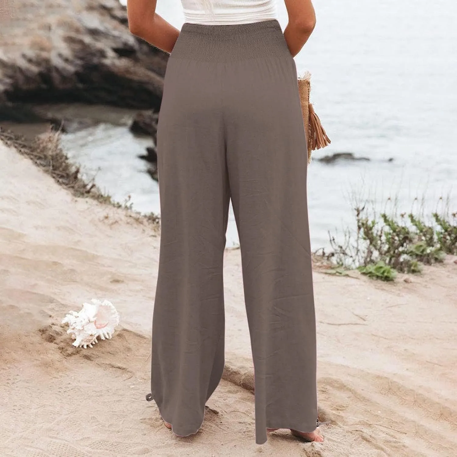 Cotton Leggings for Women Pants Fashion Drawstring Elastic Trousers Comfy Straight Leg Long Pants with Pockets Loose