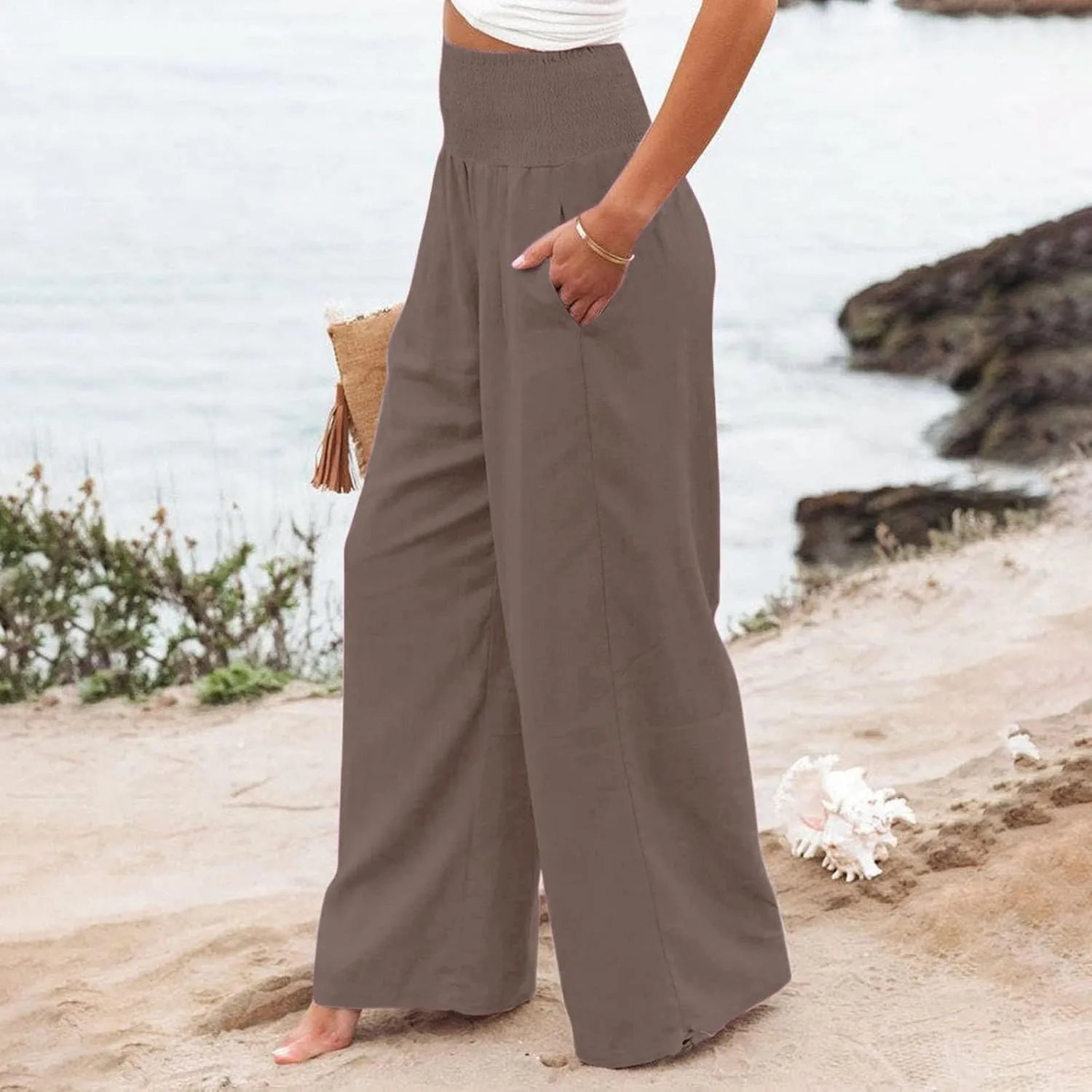 Cotton Leggings for Women Pants Fashion Drawstring Elastic Trousers Comfy Straight Leg Long Pants with Pockets Loose