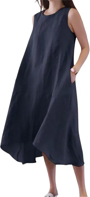 Cotton Linen Dress Women Summer Long Beach Dresses Casual Maxi Sundress Flowy Tshirt A Line Dress with Pockets