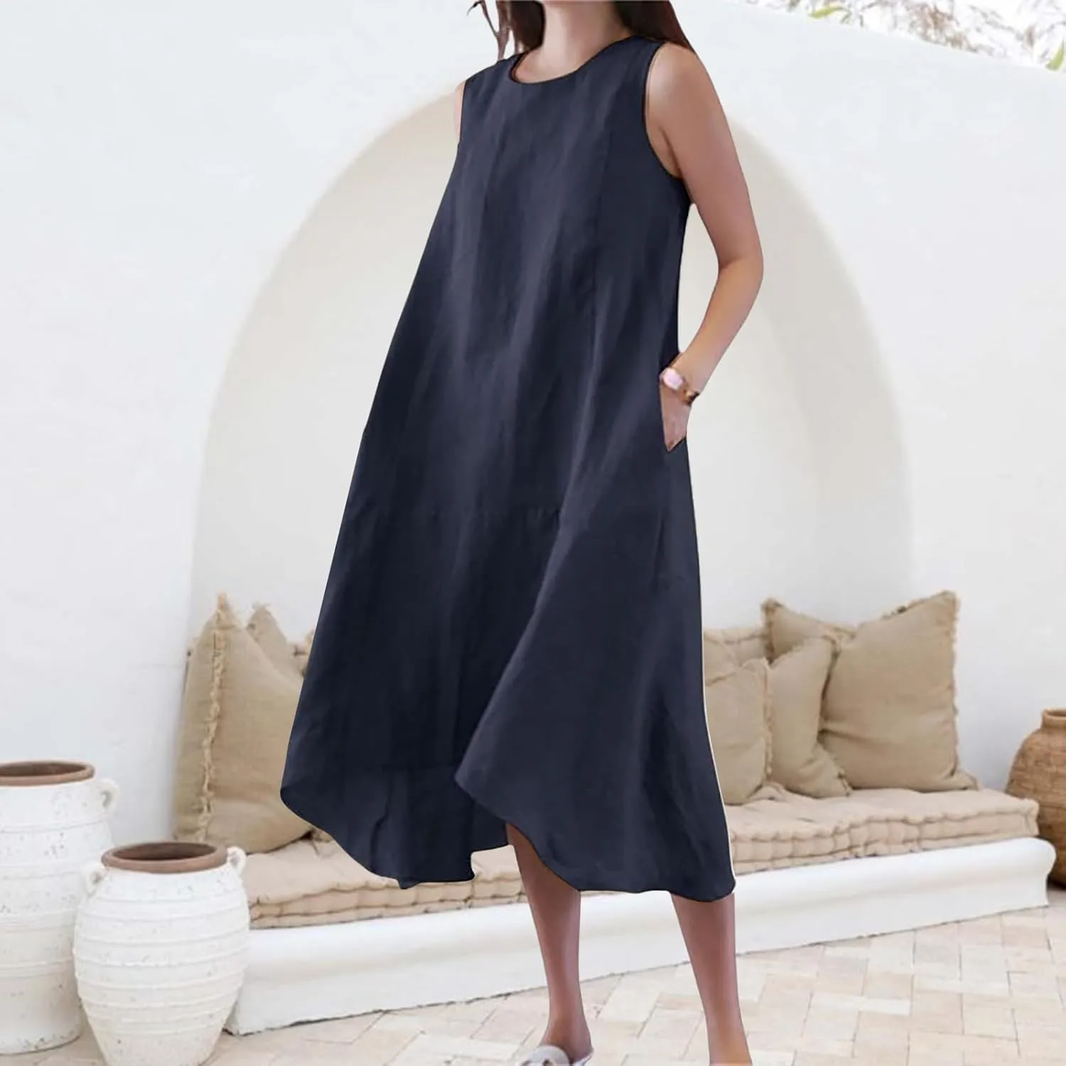 Cotton Linen Dress Women Summer Long Beach Dresses Casual Maxi Sundress Flowy Tshirt A Line Dress with Pockets