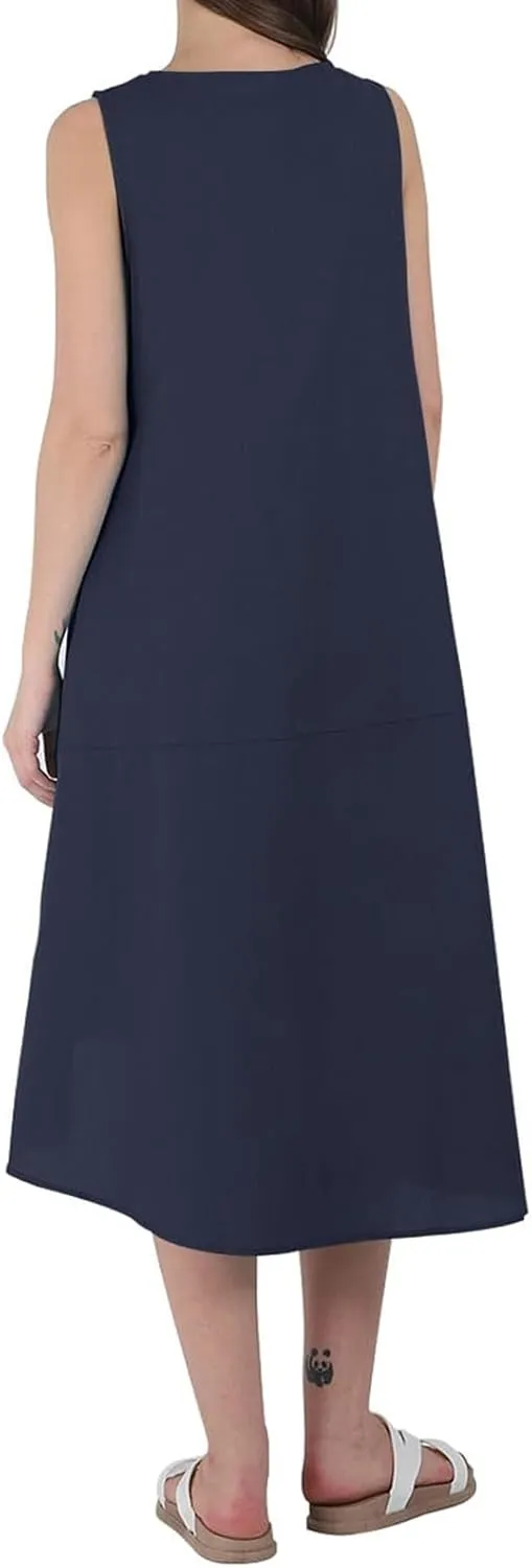 Cotton Linen Dress Women Summer Long Beach Dresses Casual Maxi Sundress Flowy Tshirt A Line Dress with Pockets