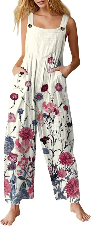 Cotton Linen Jumpsuits for Women Summer Sleeveless Patchwork Rompers Floral Print Wide Leg Bib Overalls with Pockets