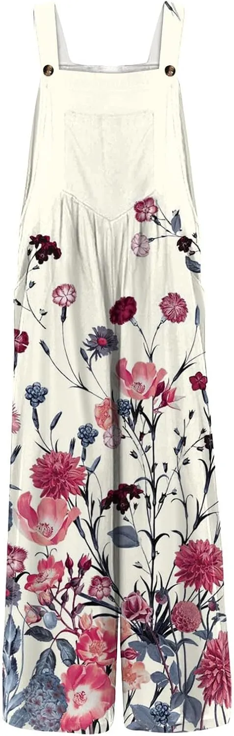 Cotton Linen Jumpsuits for Women Summer Sleeveless Patchwork Rompers Floral Print Wide Leg Bib Overalls with Pockets