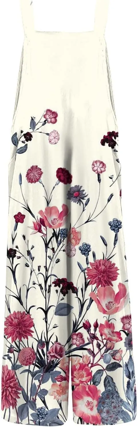 Cotton Linen Jumpsuits for Women Summer Sleeveless Patchwork Rompers Floral Print Wide Leg Bib Overalls with Pockets