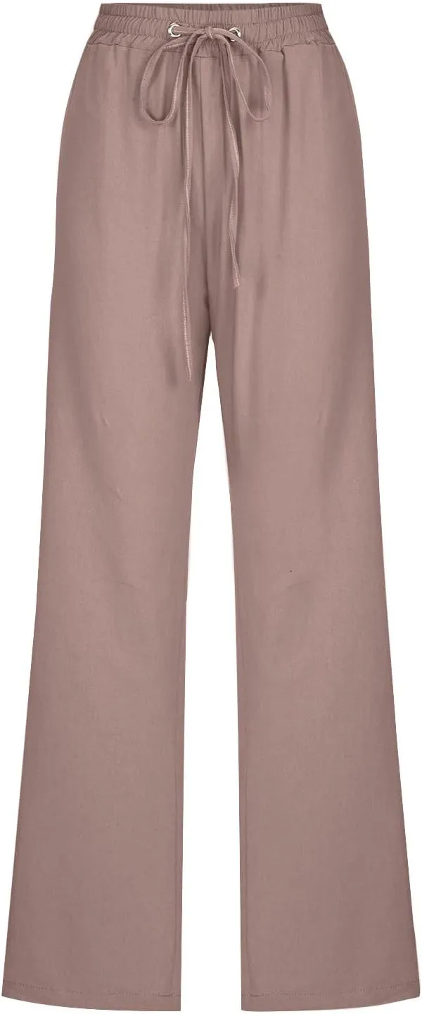 Cotton Linen Pants for Women Straight Leg Drawstring Lounge Trousers High Waisted Casual Long Slacks with Pockets