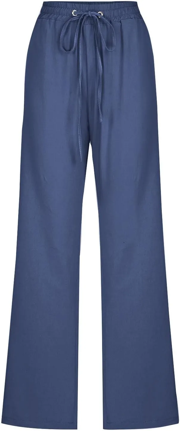Cotton Linen Pants for Women Straight Leg Drawstring Lounge Trousers High Waisted Casual Long Slacks with Pockets