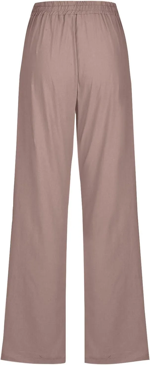 Cotton Linen Pants for Women Straight Leg Drawstring Lounge Trousers High Waisted Casual Long Slacks with Pockets