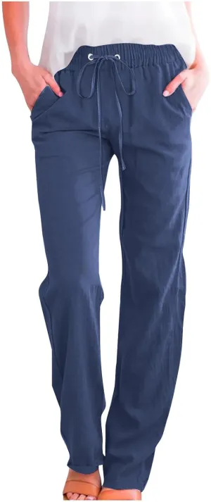 Cotton Linen Pants for Women Straight Leg Drawstring Lounge Trousers High Waisted Casual Long Slacks with Pockets