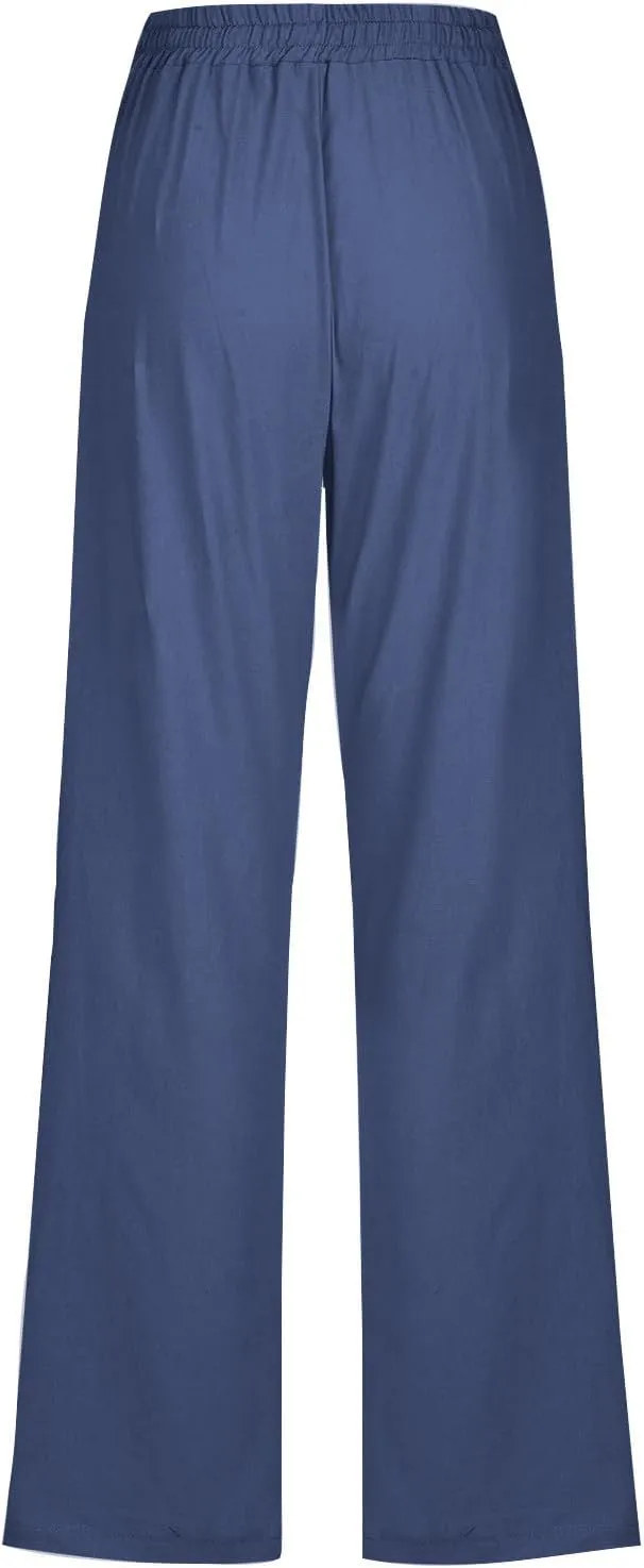 Cotton Linen Pants for Women Straight Leg Drawstring Lounge Trousers High Waisted Casual Long Slacks with Pockets