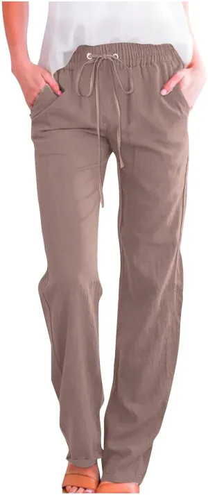 Cotton Linen Pants for Women Straight Leg Drawstring Lounge Trousers High Waisted Casual Long Slacks with Pockets