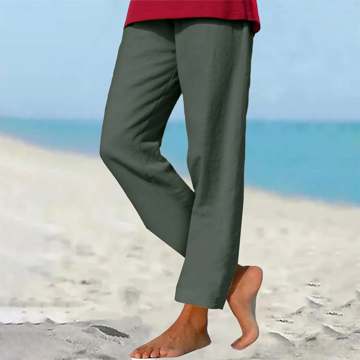 Cotton Linen Pants for Women's High Waist Straight Leg Trousers Casual Baggy Breathable Cool Beach Outfits Plus Size