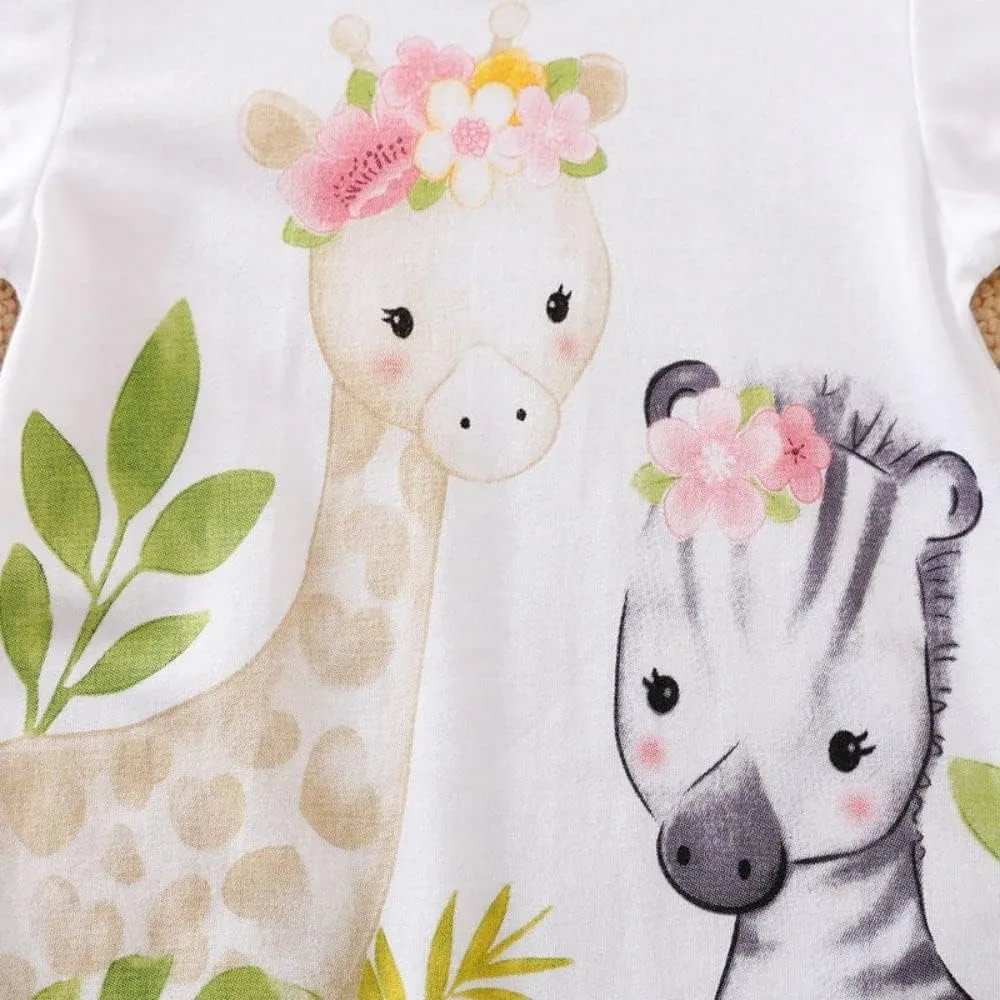 Cute Giraffe   Zebra With Floral Print Long Sleeve Baby Girl Clothes White Jumpsuit For Baby One-Piece Romper
