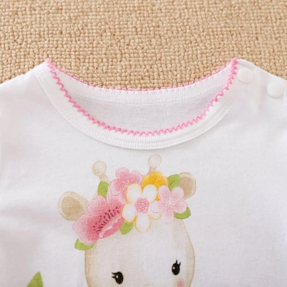 Cute Giraffe   Zebra With Floral Print Long Sleeve Baby Girl Clothes White Jumpsuit For Baby One-Piece Romper