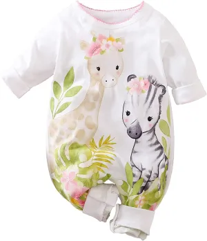 Cute Giraffe   Zebra With Floral Print Long Sleeve Baby Girl Clothes White Jumpsuit For Baby One-Piece Romper