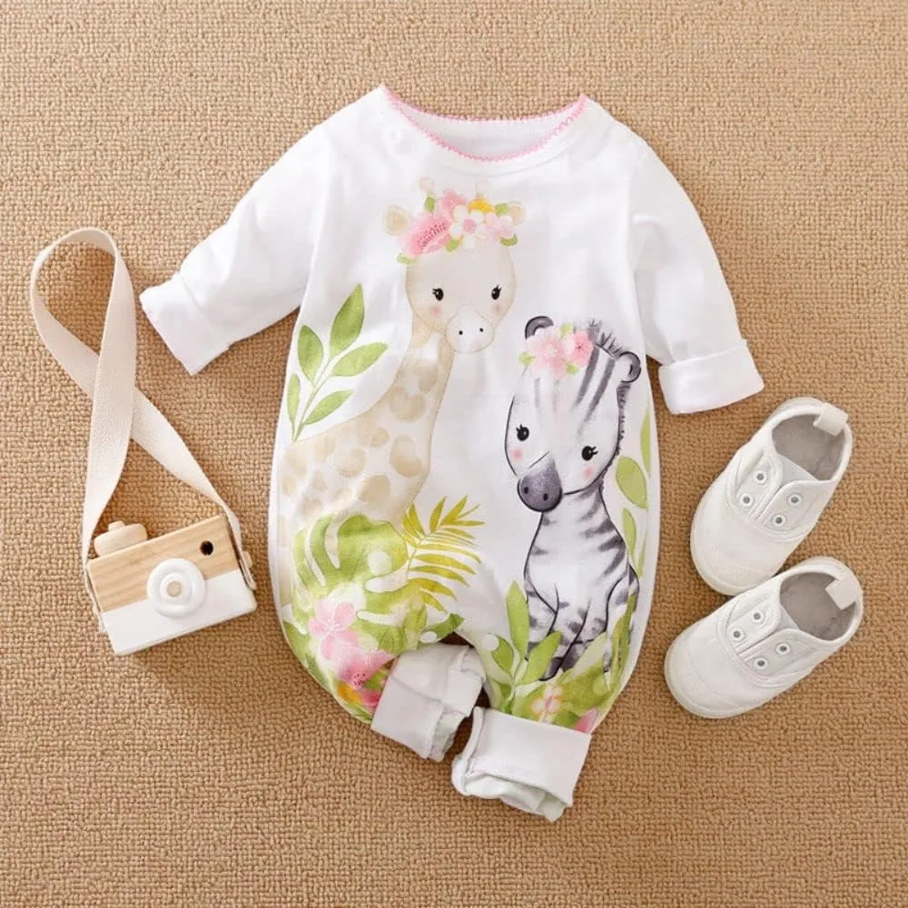 Cute Giraffe   Zebra With Floral Print Long Sleeve Baby Girl Clothes White Jumpsuit For Baby One-Piece Romper