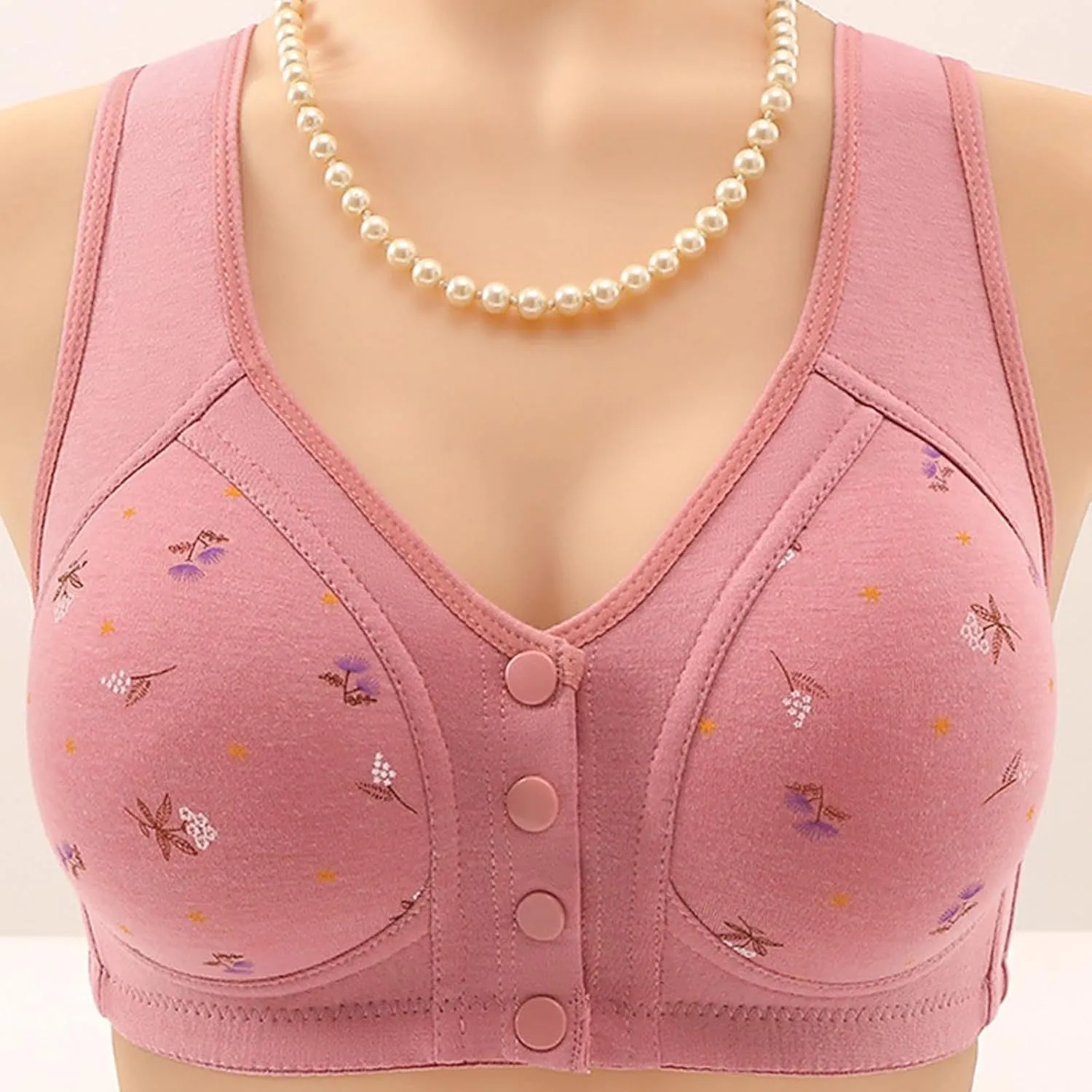 Daisy Bras for Older Women Lightweight Floral Plus Size Front Button Bra Comfort No Underwire Wireless Tank Bra