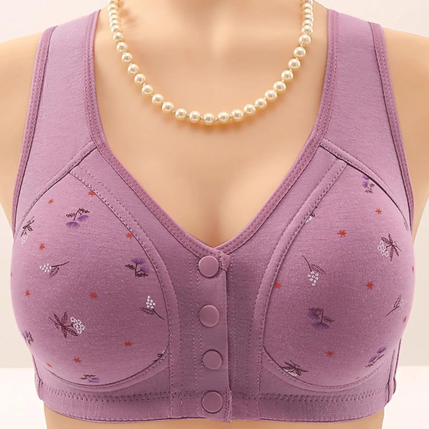 Daisy Bras for Older Women Lightweight Floral Plus Size Front Button Bra Comfort No Underwire Wireless Tank Bra