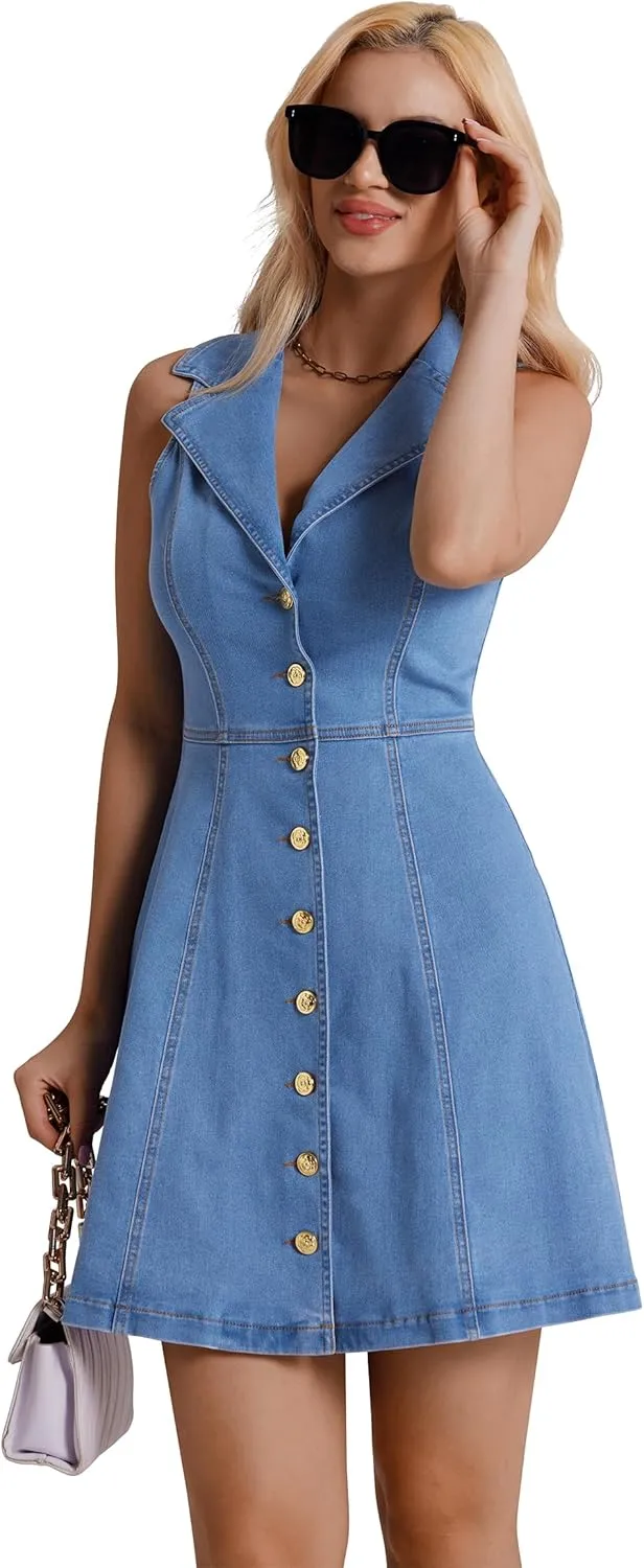 Denim Dress for Women, Button Down Sleeveless Jean Dress A-line Casual Denim Mini Dress