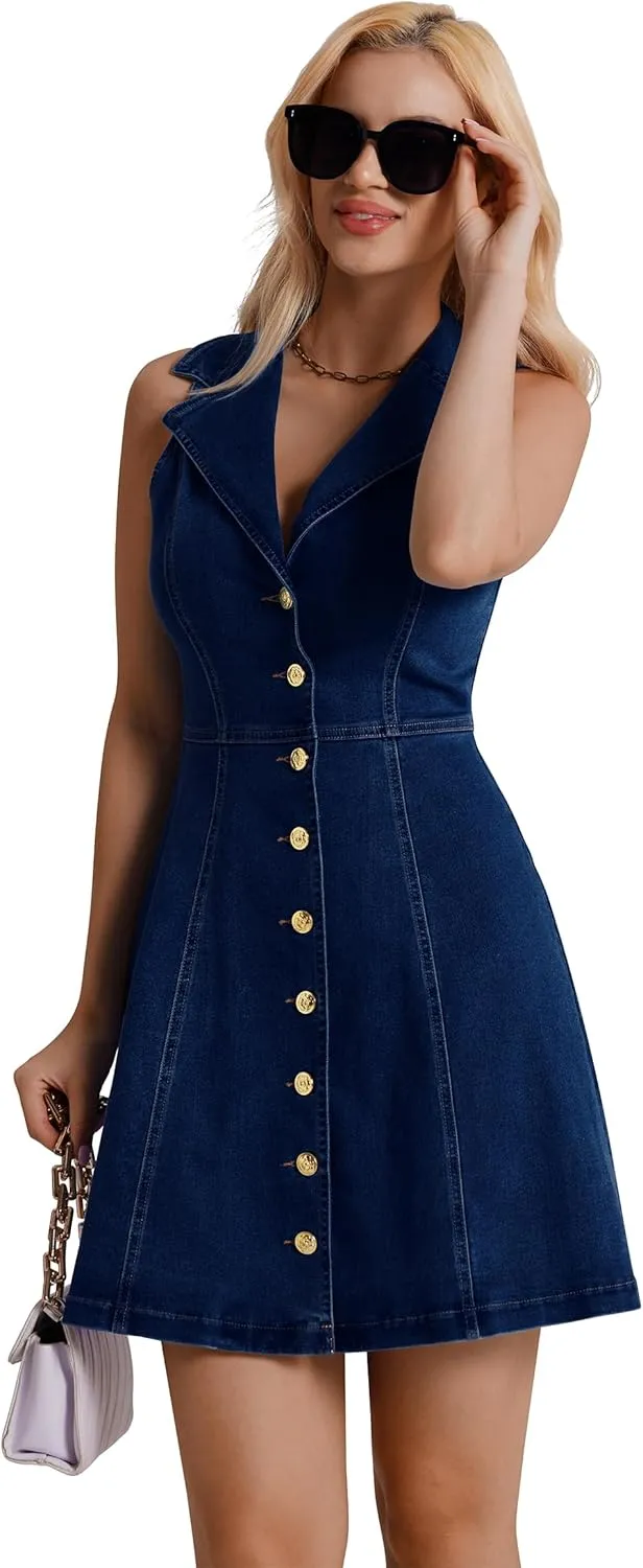 Denim Dress for Women, Button Down Sleeveless Jean Dress A-line Casual Denim Mini Dress