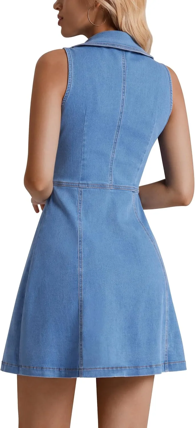 Denim Dress for Women, Button Down Sleeveless Jean Dress A-line Casual Denim Mini Dress