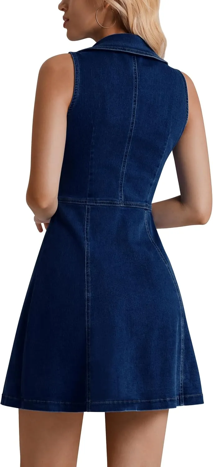 Denim Dress for Women, Button Down Sleeveless Jean Dress A-line Casual Denim Mini Dress
