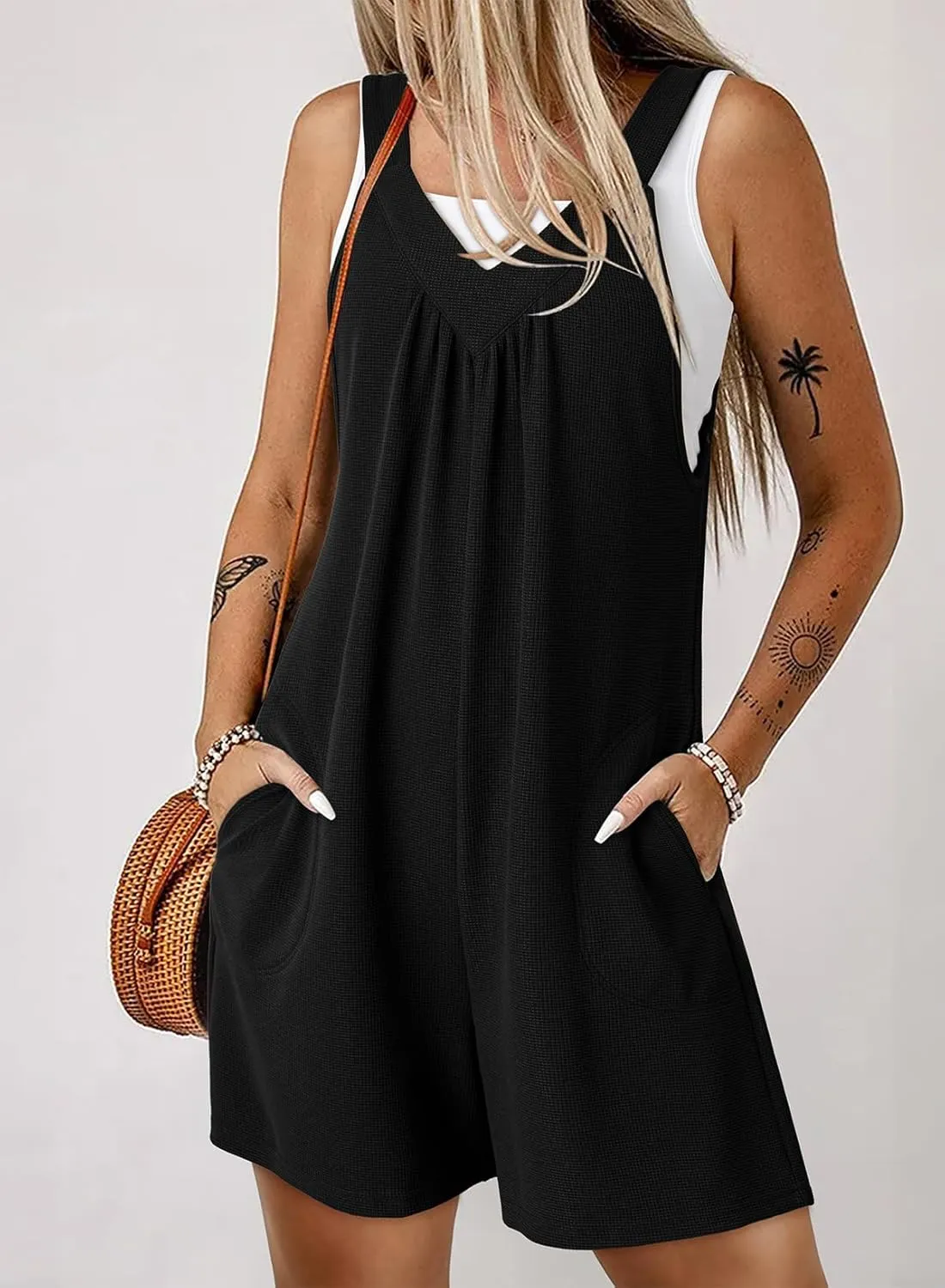 Dokotoo Women's Summer Sleeveless Waffle Knit Romper Tank Tops Belt Jumpsuits with Side Pockets