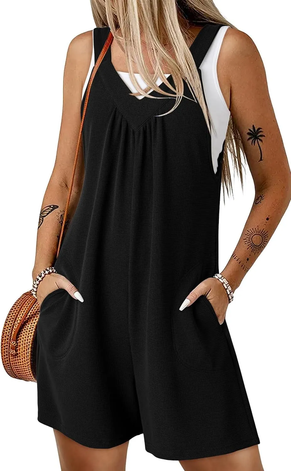 Dokotoo Women's Summer Sleeveless Waffle Knit Romper Tank Tops Belt Jumpsuits with Side Pockets