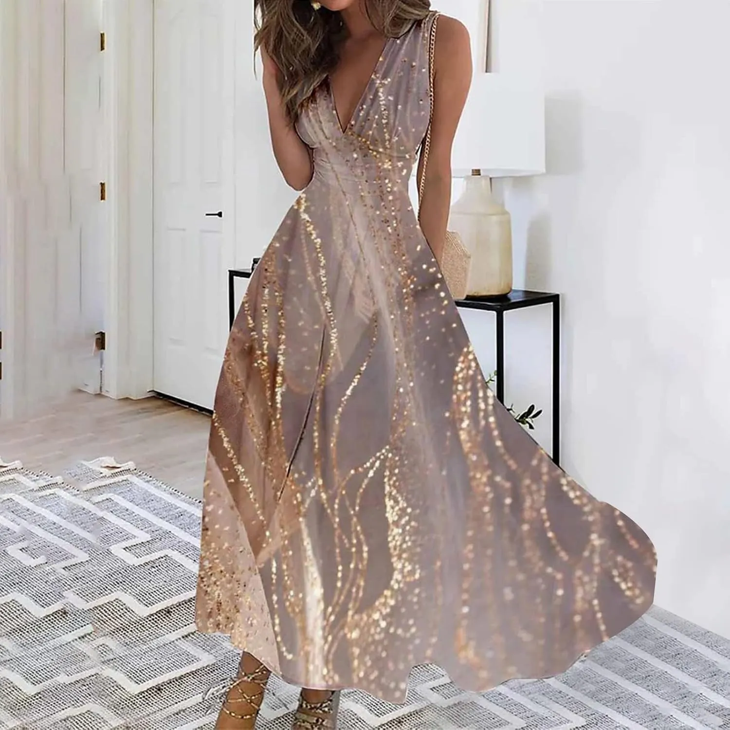Dresses for Women 2024 Flowy Ruched Wrap V Neck Boho Dress Floral Print Sleeveless Maxi Dress Flowy Beach Dresses