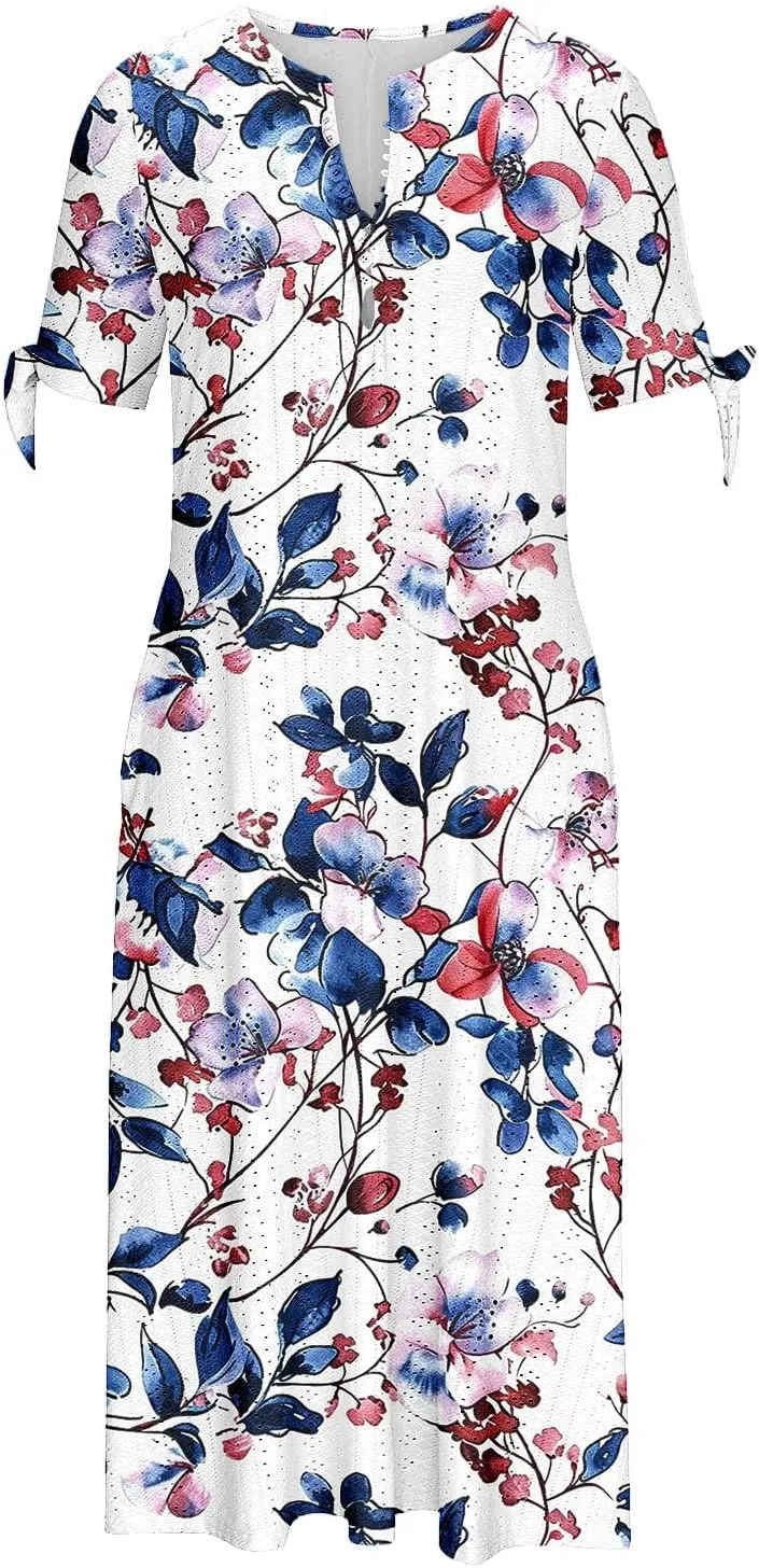 Dresses for Women Boho Eyelet Button V Neck Tie Knot Short Sleeve Dress Flowy Beach Vacation Midi Dress with Pocket