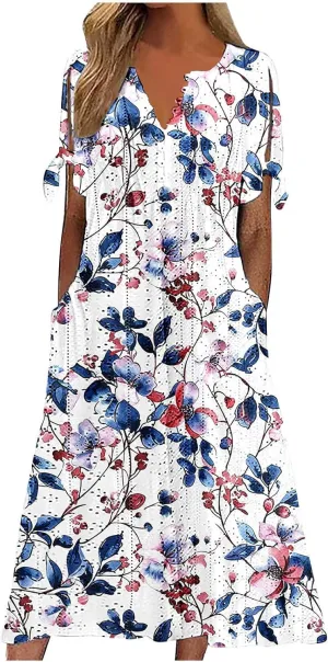 Dresses for Women Boho Eyelet Button V Neck Tie Knot Short Sleeve Dress Flowy Beach Vacation Midi Dress with Pocket