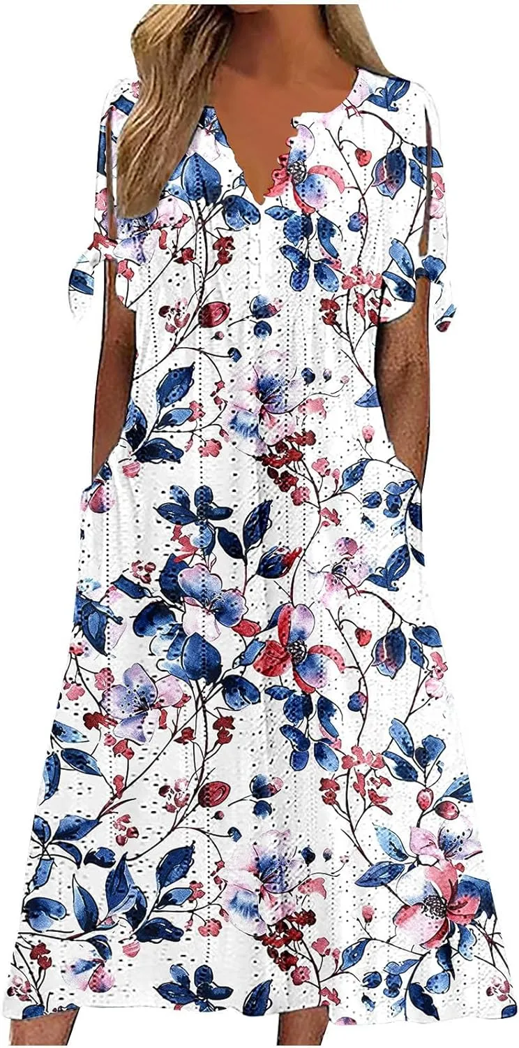 Dresses for Women Boho Eyelet Button V Neck Tie Knot Short Sleeve Dress Flowy Beach Vacation Midi Dress with Pocket