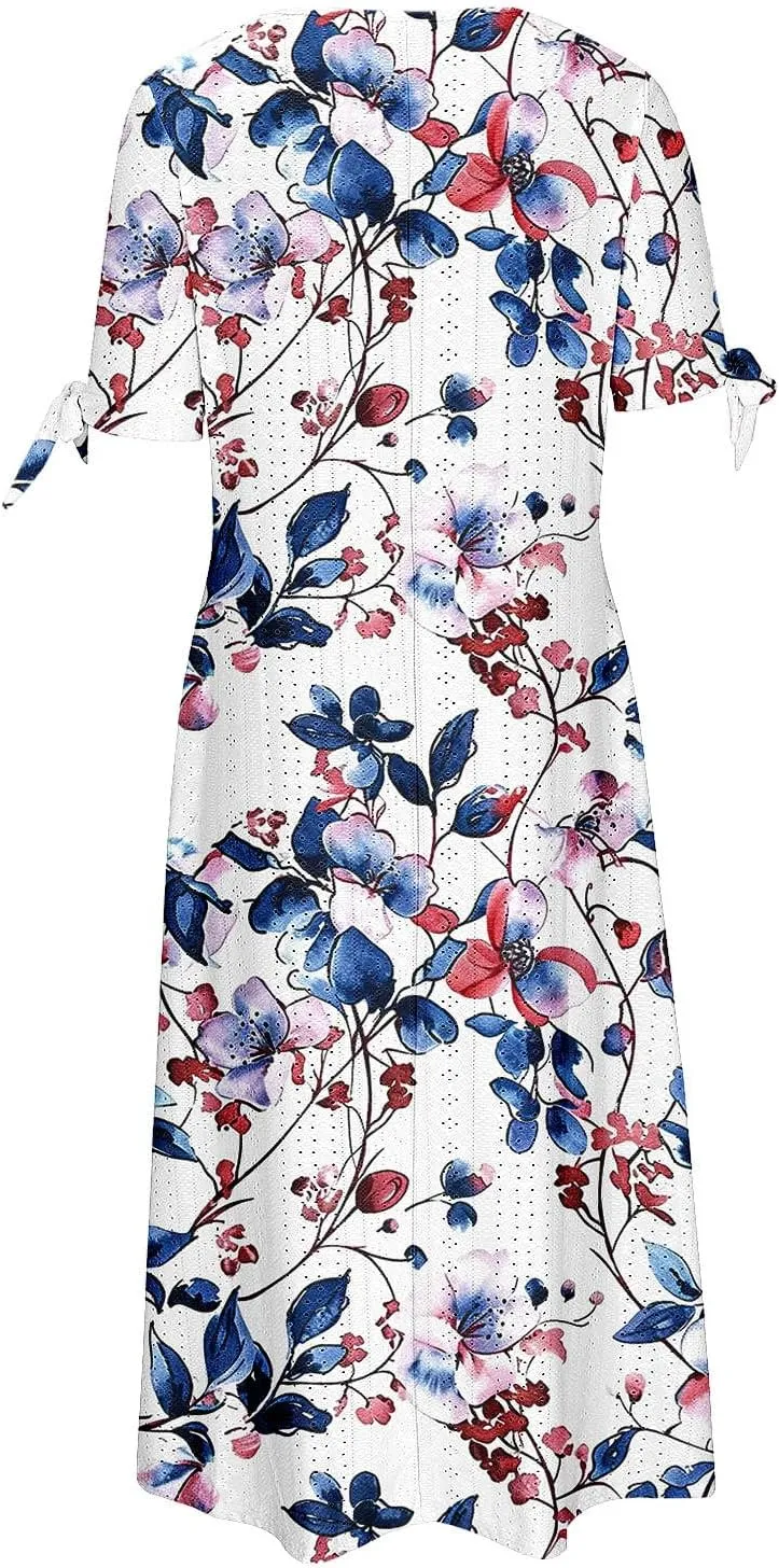 Dresses for Women Boho Eyelet Button V Neck Tie Knot Short Sleeve Dress Flowy Beach Vacation Midi Dress with Pocket